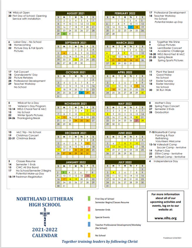 Lutheran Calendar 2022 2021-2022 School Calendar - Northland Lutheran High School